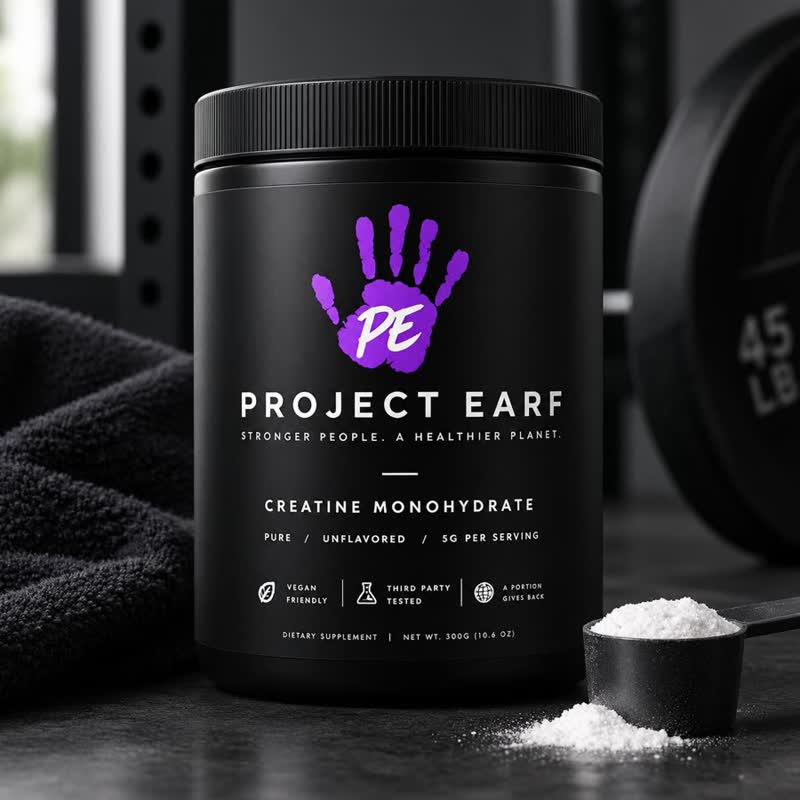 Project Earf Creatine Monohydrate tub — front label showing Pure, Unflavored, 5g per serving